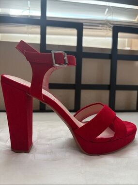 Chinese Laundry Red Suede Platform Block Heel Sandals with Ankle Strap